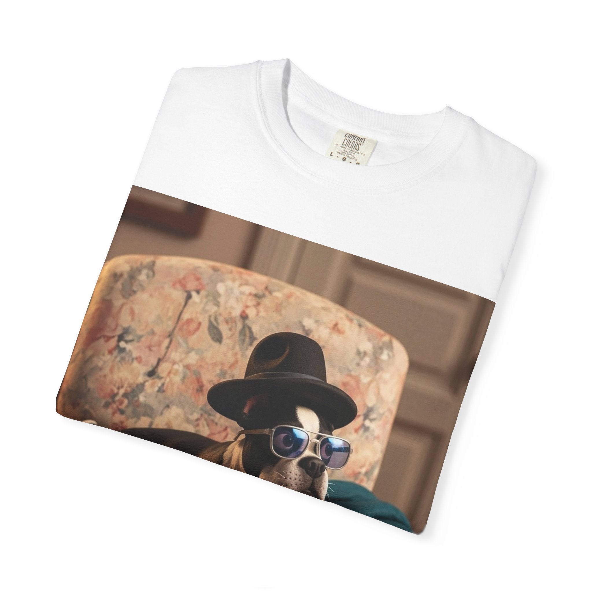 Boston Terrier Portrait T‑Shirt — Vintage Gentleman Dog in Hat (Halloween Accent)