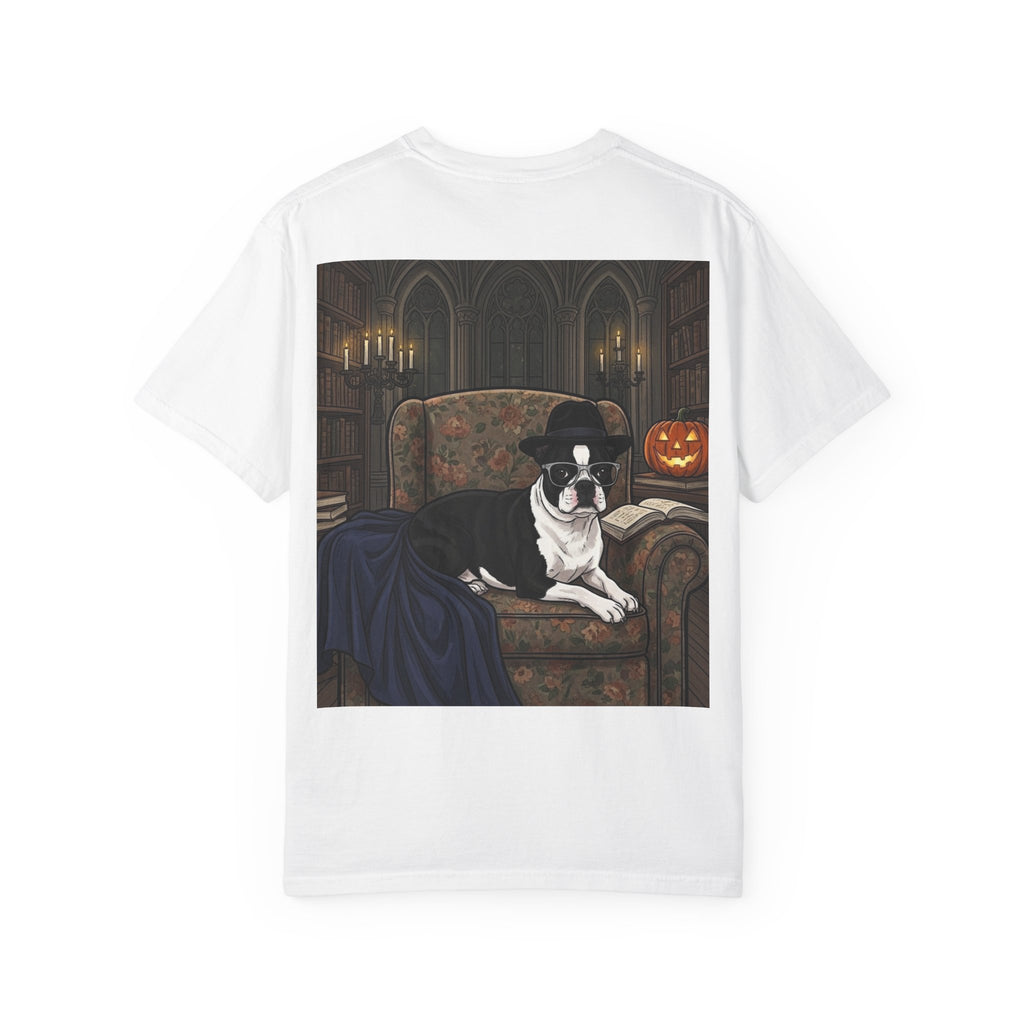 Boston Terrier Portrait T‑Shirt — Vintage Gentleman Dog in Hat (Halloween Accent)