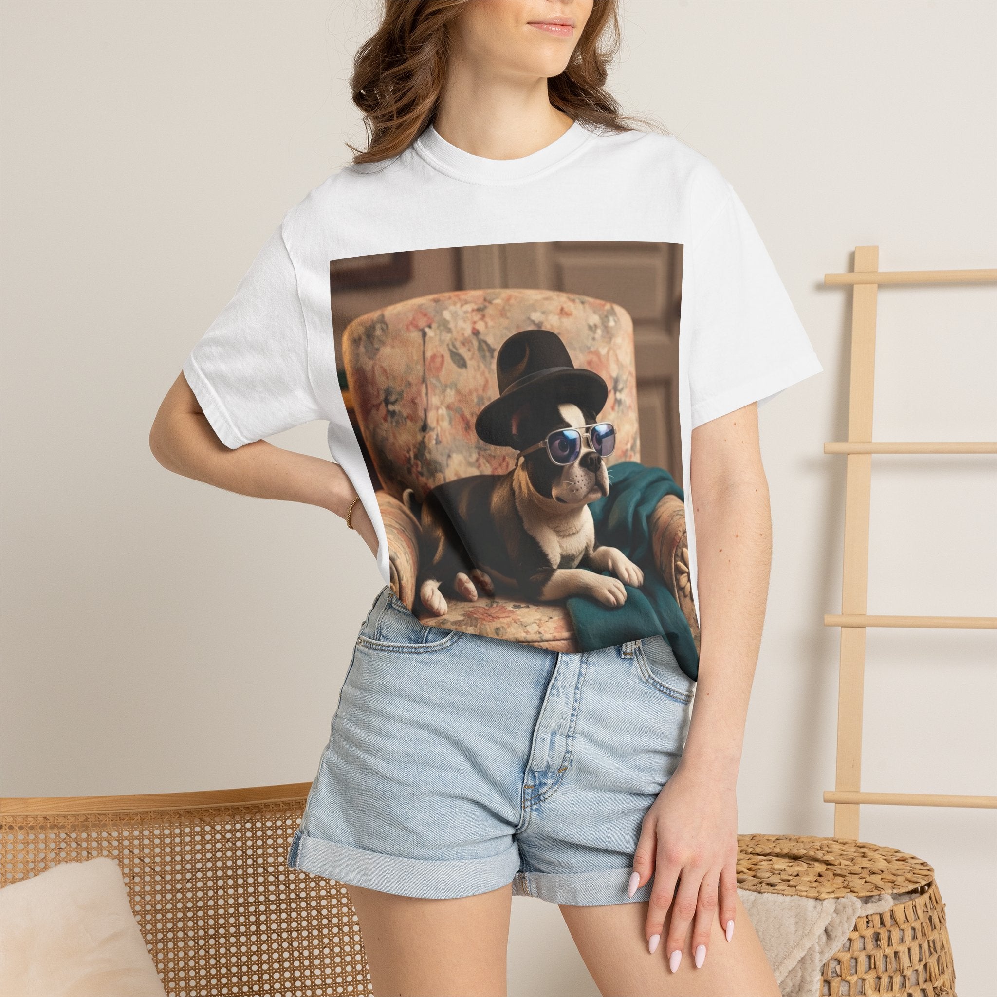 Boston Terrier Portrait T‑Shirt — Vintage Gentleman Dog in Hat (Halloween Accent)